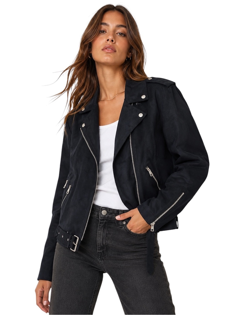 Levi's ($150) Navy Faux Suede Belted Moto Jacket - PTP 24